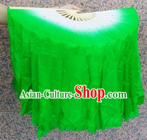 Pure Silk Traditional Chinese Fans Oriental Green Ribbon Folding Fan Folk Dance Cultural Yangko Dance Hand Fan
