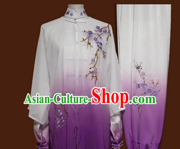 Asian Chinese Top Grade Silk Kung Fu Costume Martial Arts Tai Chi Training Suit, China Gongfu Shaolin Wushu Embroidery Wintersweet Gradient Purple Uniform for Women