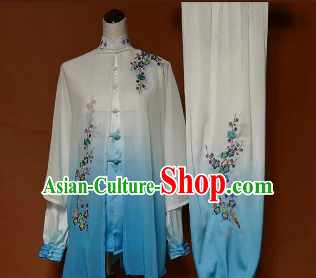 Asian Chinese Top Grade Silk Kung Fu Costume Martial Arts Tai Chi Training Suit, China Gongfu Shaolin Wushu Embroidery Wintersweet Gradient Blue Uniform for Women