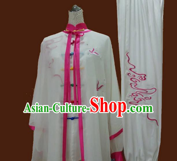 Asian Chinese Top Grade Silk Kung Fu Costume Martial Arts Tai Chi Training Suit, China Gongfu Shaolin Wushu Embroidery Wintersweet Pink Uniform for Women