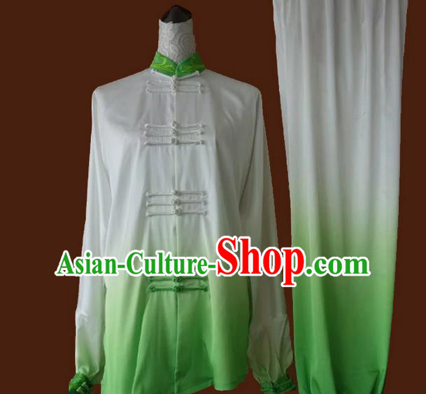 Asian Chinese Top Grade Silk Kung Fu Costume Martial Arts Tai Chi Training Suit, China Gongfu Shaolin Wushu Gradient Green Uniform for Women