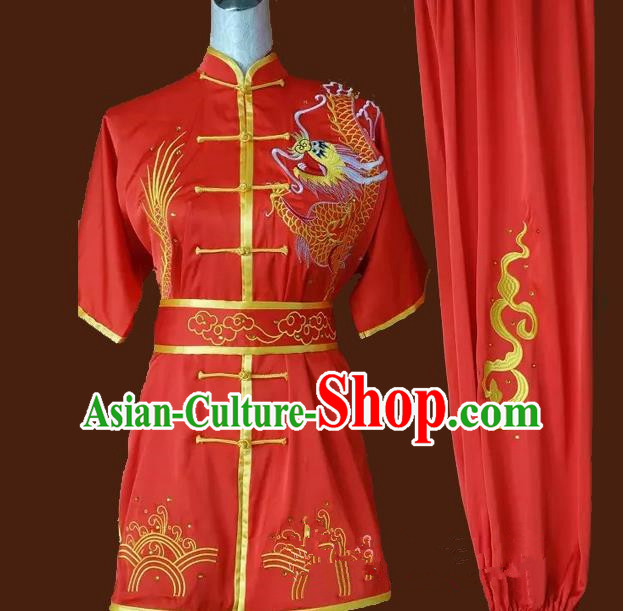 Top Grade Kung Fu Silk Costume Asian Chinese Martial Arts Tai Chi Training Red Uniform, China Embroidery Gongfu Shaolin Wushu Clothing for Men