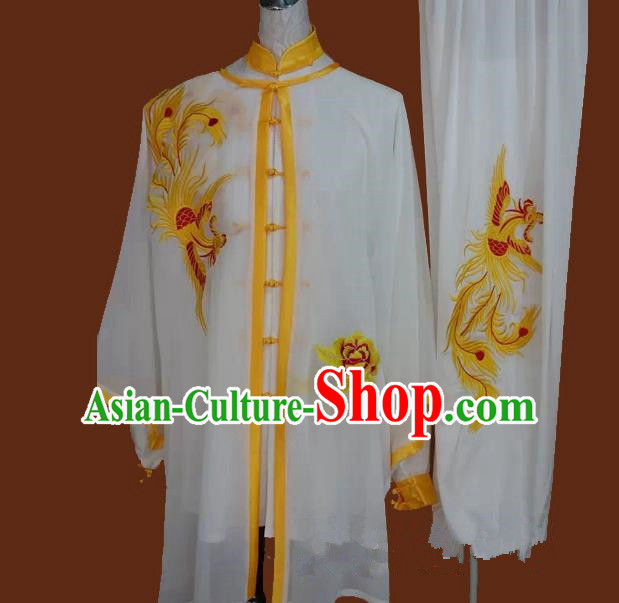Top Grade Kung Fu Silk Costume Asian Chinese Martial Arts Tai Chi Training Uniform, China Embroidery Yellow Phoenix Gongfu Shaolin Wushu Clothing for Men for Women