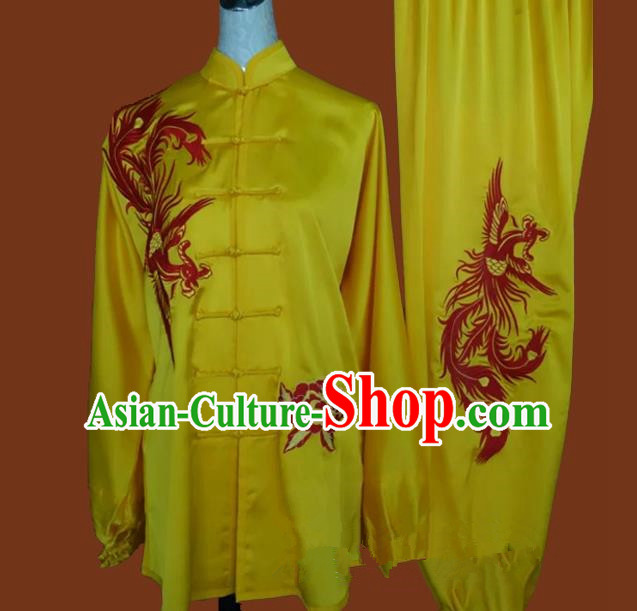 Top Grade Kung Fu Silk Costume Asian Chinese Martial Arts Tai Chi Training Yellow Uniform, China Embroidery Phoenix Gongfu Shaolin Wushu Clothing for Men for Women