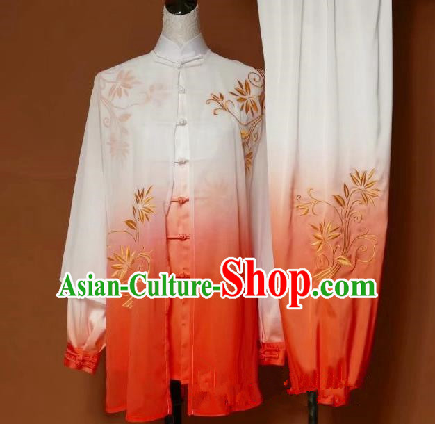 Top Grade Kung Fu Silk Costume Asian Chinese Martial Arts Tai Chi Training Orange Uniform, China Embroidery Leaf Gongfu Shaolin Wushu Clothing for Women