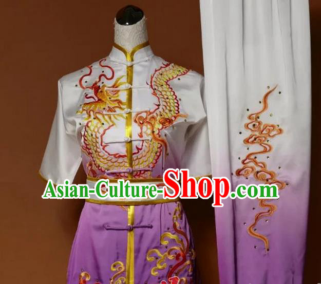 Top Grade Kung Fu Silk Costume Asian Chinese Martial Arts Tai Chi Training Gradient Purple Uniform, China Embroidery Dragon Gongfu Shaolin Wushu Clothing for Men