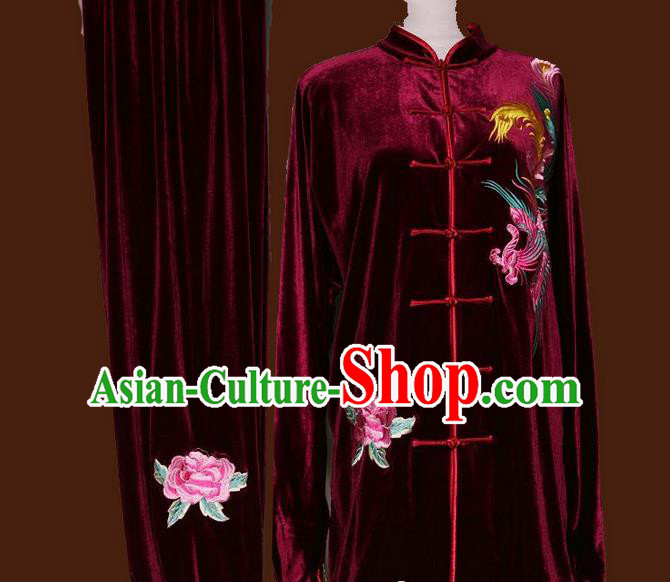 Top Grade Kung Fu Velvet Costume Asian Chinese Martial Arts Tai Chi Training Wine Red Uniform, China Embroidery Phoenix Peony Gongfu Shaolin Wushu Clothing for Women