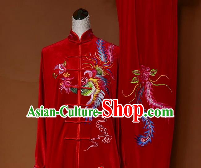 Asian Chinese Top Grade Pleuche Kung Fu Costume Martial Arts Tai Chi Training Red Uniform, China Embroidery Phoenix Gongfu Shaolin Wushu Clothing for Women