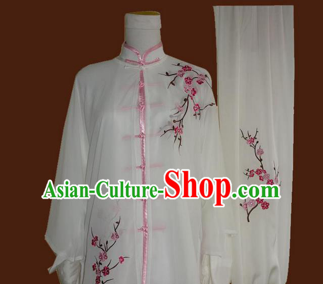 Asian Chinese Top Grade Silk Kung Fu Costume Martial Arts Tai Chi Training Plated Buttons Uniform, China Embroidery Plum Blossom Gongfu Shaolin Wushu Clothing for Women