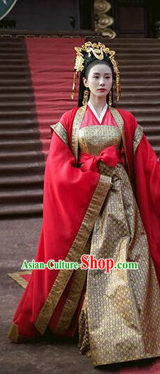 Asian Chinese Traditional Ancient Imperial Empress Wedding Costume and Headpiece Complete Set, Lost Love In Times China Northern and Southern Dynasties Fairy Bride Dress Clothing