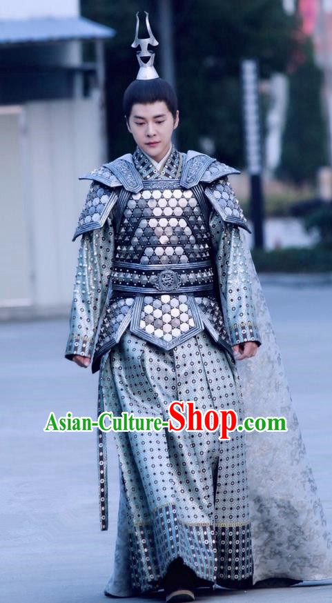 Asian Chinese Traditional Ancient General Costume and Headpiece Complete Set, Lost Love In Times China Northern and Southern Dynasties Warrior Armour Clothing for Men