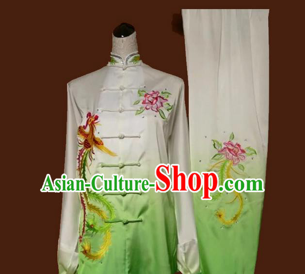 Asian Chinese Top Grade Linen Kung Fu Costume Martial Arts Tai Chi Training Suit, China Gongfu Shaolin Wushu Embroidery Phoenix Peony Gradient Green Uniform for Women