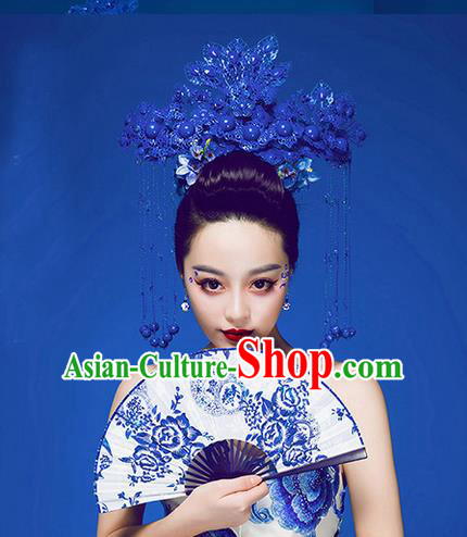 Traditional Chinese Crafts Folding Fan China Sensu Blue and White Porcelain Fan