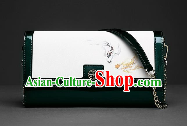 Traditional Handmade Asian Chinese Element Clutch Bags Folding Wallet National Printing Fish Deep Green Chain Handbag for Women
