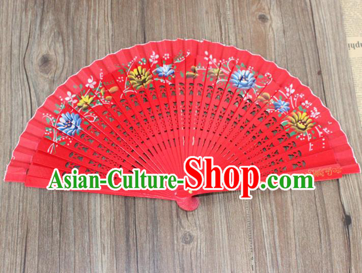 Traditional Chinese Crafts Beauty Folding Fan China Palace Red Fan Imperial Consort Wood Bride Fans for Women
