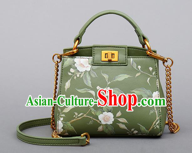 Traditional Handmade Asian Chinese Element Clutch Bags Shoulder Bag Printing Flowers National Green Handbag for Women