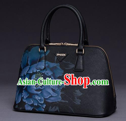 Traditional Handmade Asian Chinese Element Printing Peony Shoulder Bags National Black Handbag for Women