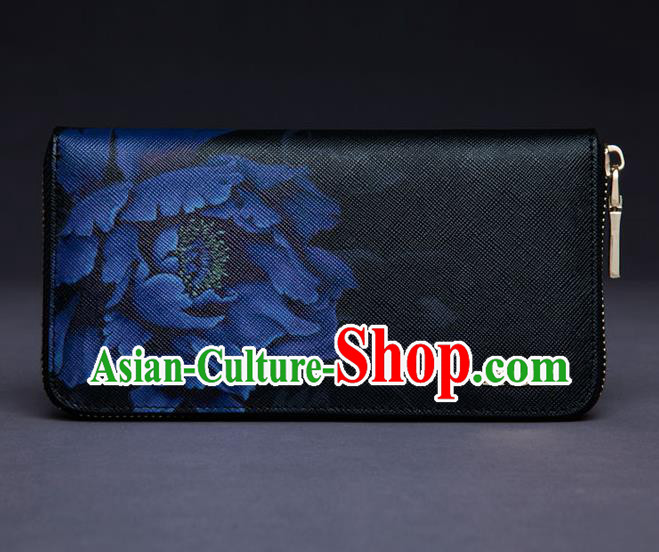 Traditional Handmade Asian Chinese Element Painting Peony Wallet National Handbag Black Purse for Women