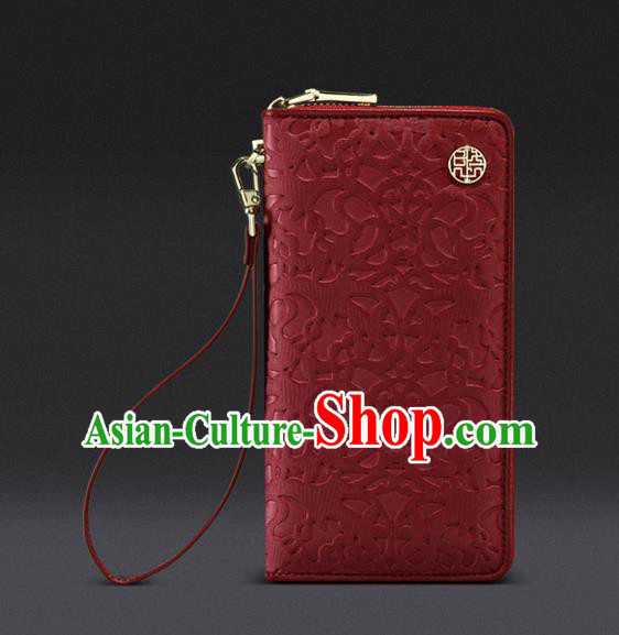 Traditional Handmade Asian Chinese Element Knurling Wallet National Handbag Red Purse for Women
