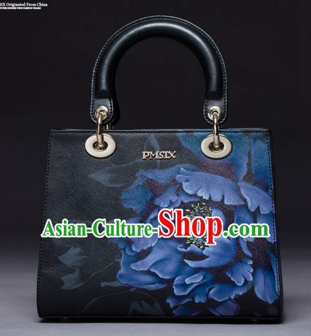 Traditional Handmade Asian Chinese Element Painting Peony Square Clutch Bags National Black Handbag for Women