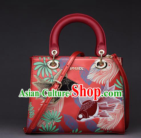 Traditional Handmade Asian Chinese Element Embroidered Fish Clutch Bags National Evening Dress Bride Red Handbag for Women