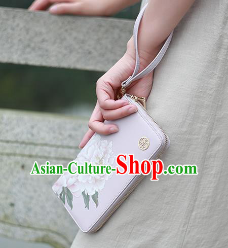 Traditional Handmade Asian Chinese Element Printing Peony Flowers Wallet National Handbag Lilac Purse for Women