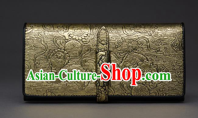 Traditional Handmade Asian Chinese Element Knurling Wallet National Handbag Relief Golden Purse for Women