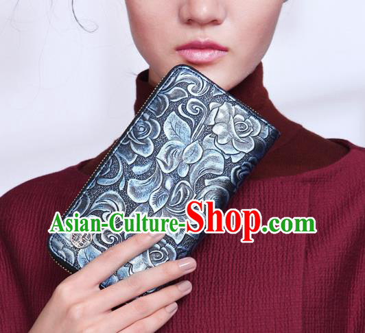 Traditional Handmade Asian Chinese Element Knurling Rose Wallet National Handbag Blue Purse for Women