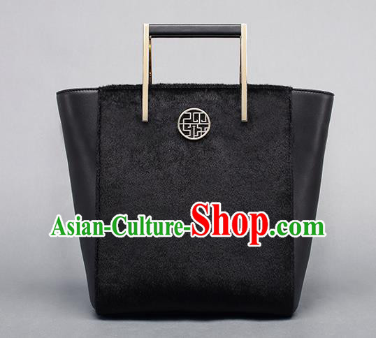 Traditional Handmade Asian Chinese Element Clutch Bags Shoulder Bag National Black Leather Handbag for Women