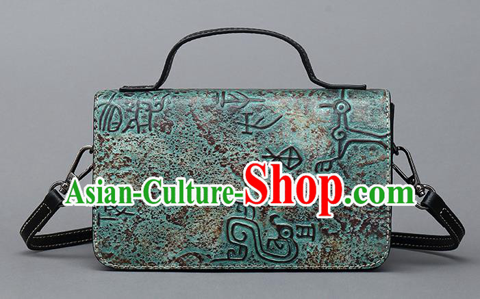 Traditional Handmade Asian Chinese Element Haversack Clutch Bags Shoulder Bag National Bronze Pattern Green Handbag for Women