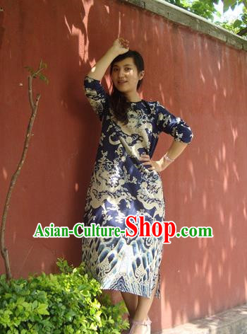 Traditional Chinese National Costume Linen Long Robes, Elegant Hanfu Tang Suit Printing Dragon Navy Dress for Women