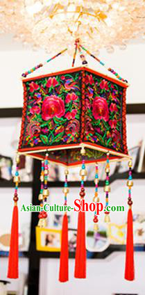 Traditional Handmade Chinese National Lampshade Embroidery Miao Nationality Red Lamp Screen
