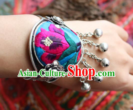 Traditional Handmade Chinese National Miao Nationality Sliver Bracelet Embroidery Bells Tassel Bangle for Women