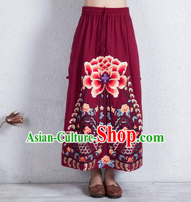 Traditional Chinese National Costume Linen Half Skirt, Elegant Hanfu Embroidered Peony Tang Suit Wine Red Bust Skirt for Women