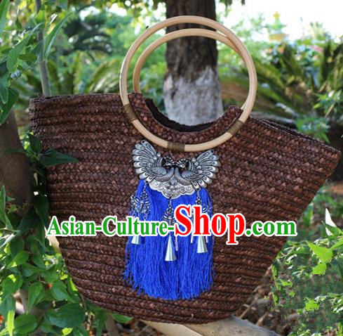 Traditional Handmade Chinese National Straw Plaited Article Bags Miao Nationality Sliver Handbag