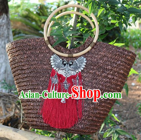 Traditional Handmade Chinese National Straw Plaited Article Bags Miao Nationality Sliver Red Tassel Handbag