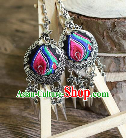 Traditional Handmade Chinese National Miao Nationality Sliver Embroidery Tassel Earrings for Women