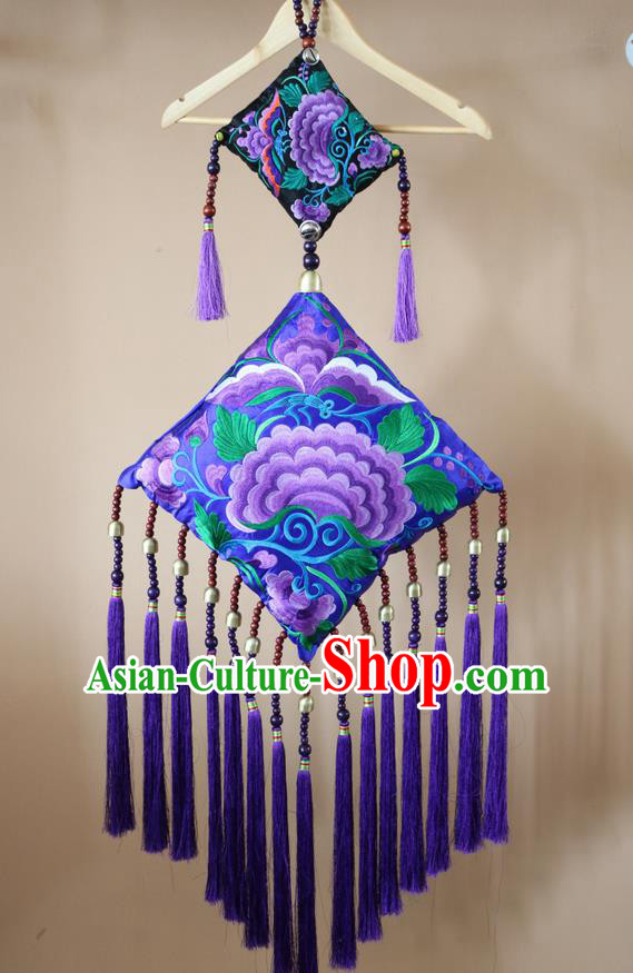 Traditional Handmade Chinese National Pendant Miao Nationality Embroidery Flower Purple Tassel Accessories