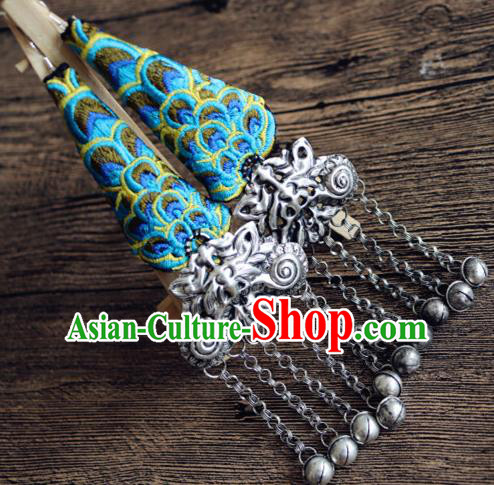 Traditional Handmade Chinese National Miao Nationality Sliver Eardrop Embroidery Peacock Earrings for Women