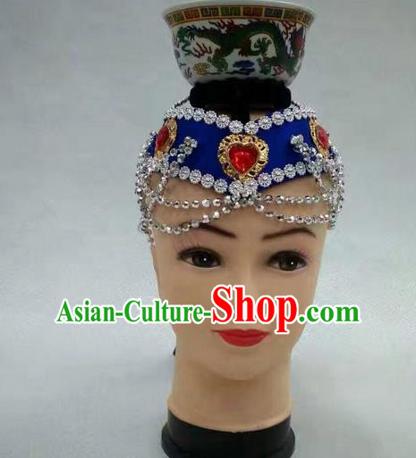 Traditional Handmade Chinese Mongol Nationality Dance Royalblue Hair Accessories Headwear, China Mongols Mongolian Minority Nationality Bride Headpiece for Women