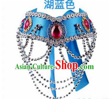 Traditional Handmade Chinese Mongol Nationality Dance Blue Hair Accessories Headband, China Mongols Mongolian Minority Nationality Bride Headpiece for Women