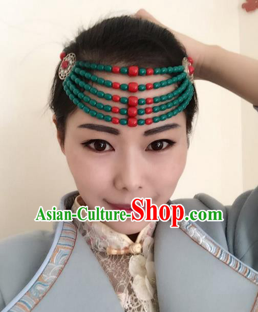 Traditional Handmade Chinese Mongol Nationality Dance Green Beads Hair Accessories Headwear, China Mongols Mongolian Minority Nationality Bride Headpiece for Women