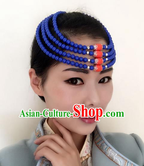 Traditional Handmade Chinese Mongol Nationality Dance Blue Beads Hair Accessories Headwear, China Mongols Mongolian Minority Nationality Bride Headpiece for Women