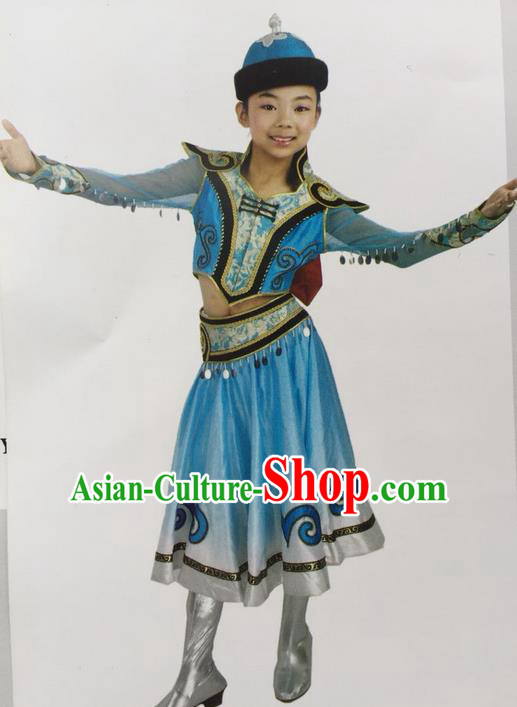 Traditional Chinese Mongol Nationality Dance Costume Handmade Children Blue Mongolian Robe, China Mongolian Minority Nationality Dress Clothing for Kids