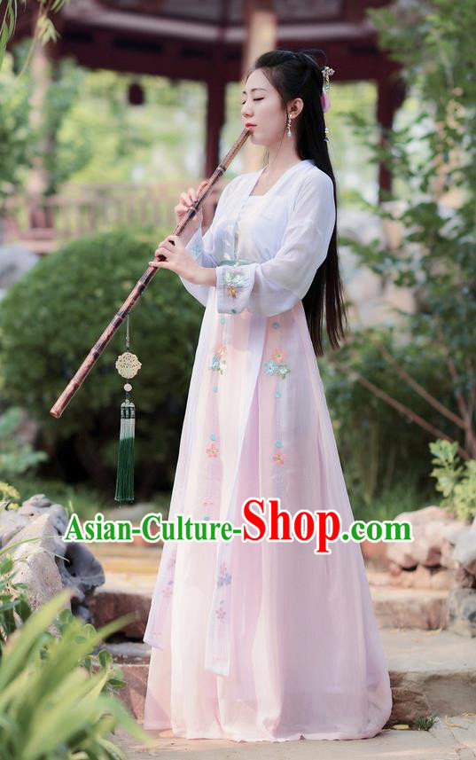 Traditional Ancient Chinese Costume Tang Dynasty Embroidery Slant Opening White Blouse and Skirt, Elegant Hanfu Clothing Chinese Princess Dress Clothing for Women
