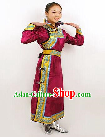 Traditional Chinese Mongol Nationality Dance Costume Bride Purple Mongolian Robe, China Mongolian Minority Nationality Princess Dress Clothing for Women