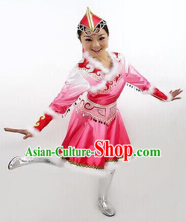 Traditional Chinese Mongol Nationality Dance Costume Pink Mongolian Robe, China Mongolian Minority Nationality Princess Dress Clothing for Women
