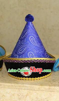 Traditional Handmade Chinese Mongol Nationality Dance Headwear Prince Purple Hat, China Mongolian Minority Nationality Children Royal Highness Headpiece for Kids