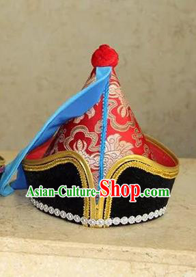 Traditional Handmade Chinese Mongol Nationality Dance Headwear Prince Red Hat, China Mongolian Minority Nationality Children Royal Highness Headpiece for Kids