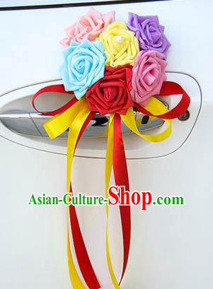 Top Grade Wedding Accessories Decoration, China Style Wedding Car Ornament Six Flowers Bride Colorful Rose Ribbon Garlands